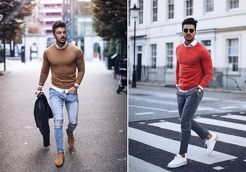 Imagem de dois modelos masculinos andando na rua usando sobreposição de suéter em camisa