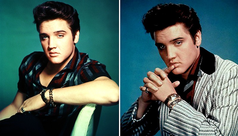 Duas imagens em destaque do cantor Elvis Presley usando acessórios