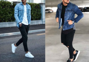 Imagem de dois homens usando jaqueta jeans