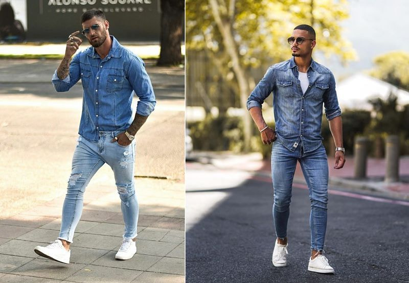 Imagem de dois homens usando look streetwear all jeans
