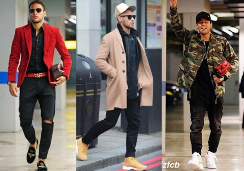 Três fotos do jogador Neymar usando roupas estilosas 
