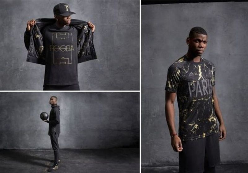 Três fotos do jogador Paul Pogba usando roupas estilosas