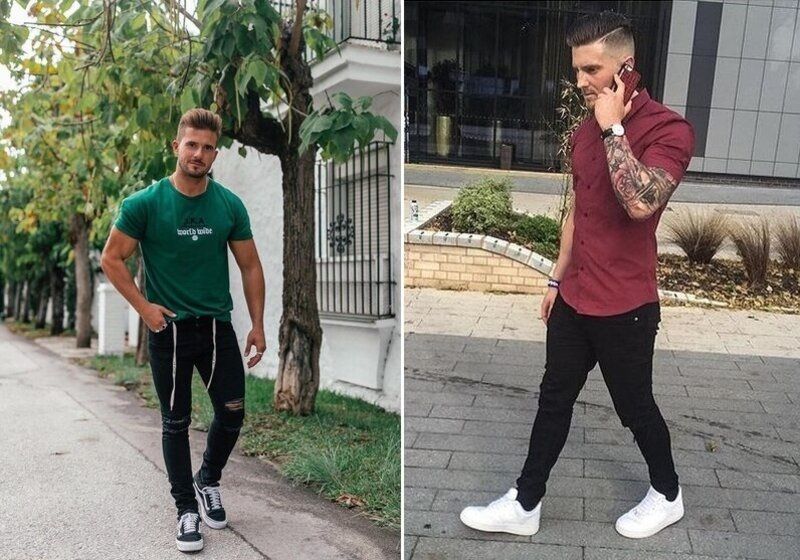 Duas imagens de homens usando calça jeans, camiseta e tênis confortáveis ao ar livre