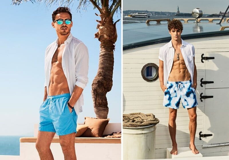 Duas imagens em destaque de homens usando short na praia