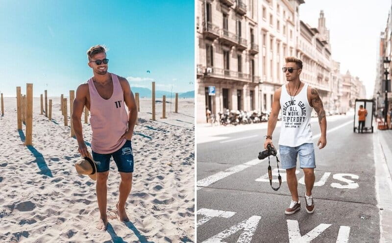 Imagens em destaque de dois homens usando roupas para praia
