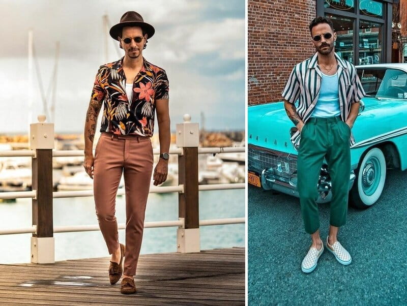 Duas imagens em destaque de homens usando roupas com estampa colorida