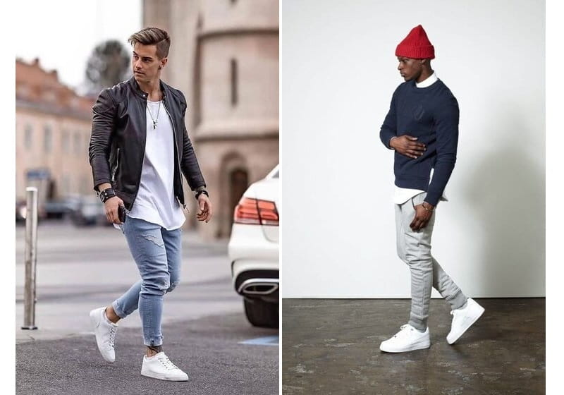 Imagem de homens usando calça jeans, tênis branco e acessórios