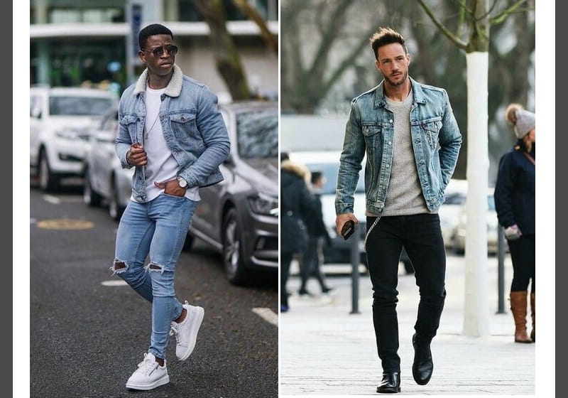 homens com calças e jaquetas jeans