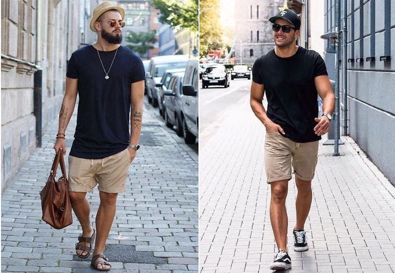 homens com camisetas escuras e bermudas claras