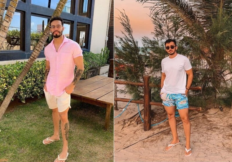 imagem dividida ao meio: à esquerda um homem utilizando camisa rosa, shorts bege e chinelo de dedo; à direita, um homem na praia utilizando camisa branca, shorts estampado e chinelo de dedo