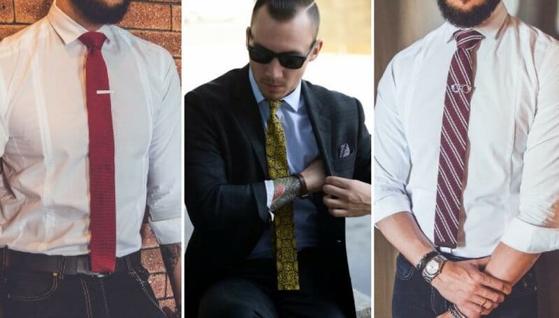 três modelos diferentes utilizando gravatas com a ponta reta