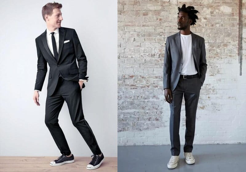imagem dividida: à esquerda um homem de terno preto com camisa branca vestindo allstar; à esquerda modelo utilizando terno cinza, camisa branca e allstar