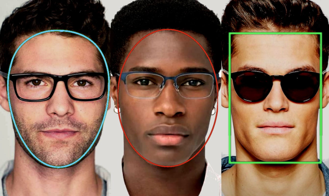 tres homens lado a lado de óculos com formas geométricas indicando o formato do rosto de cada um