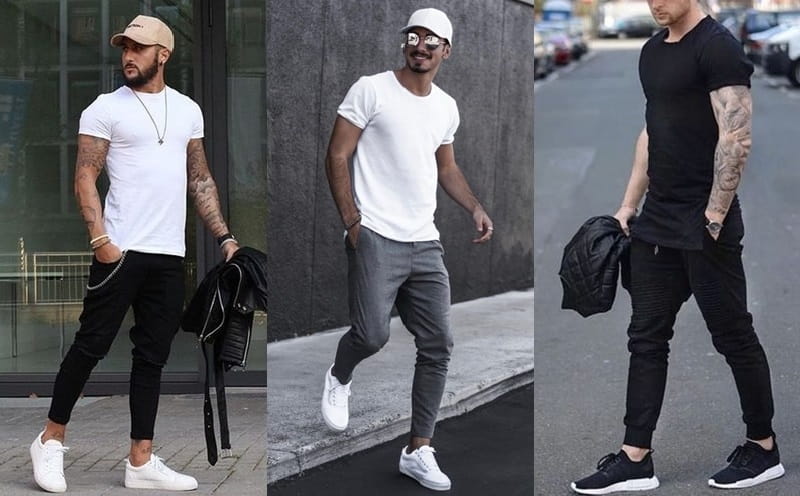 três imagens unidas: à esquerda um modelo utilizando calça jogger preta com camiseta branca; no meio calça jogger cinza com camiseta branca; à direita camisa e calça jogger preta