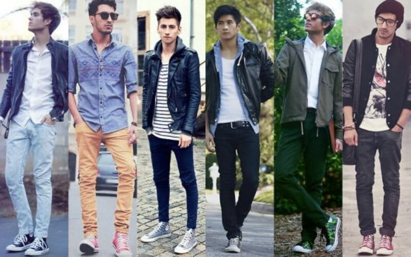 seis homens com estilo de roupa dos anos 80
