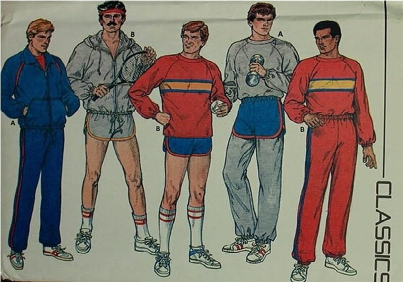imagem ilustrativa de homens com conjuntos esportivos na decada de 80
